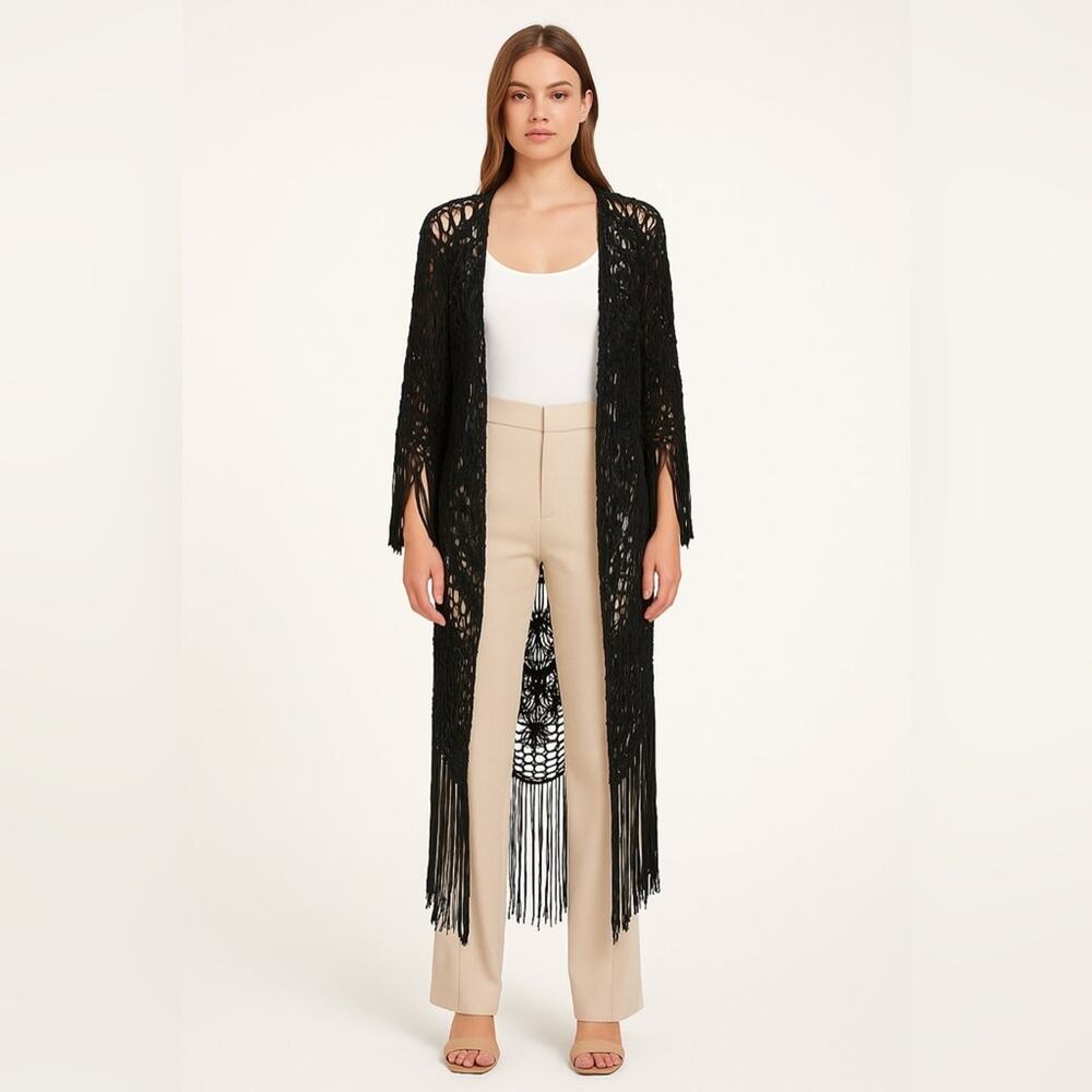 LAMARQUE Black Macramé Fringe Duster | Boho Open-Knit Long Cardigan | Size S